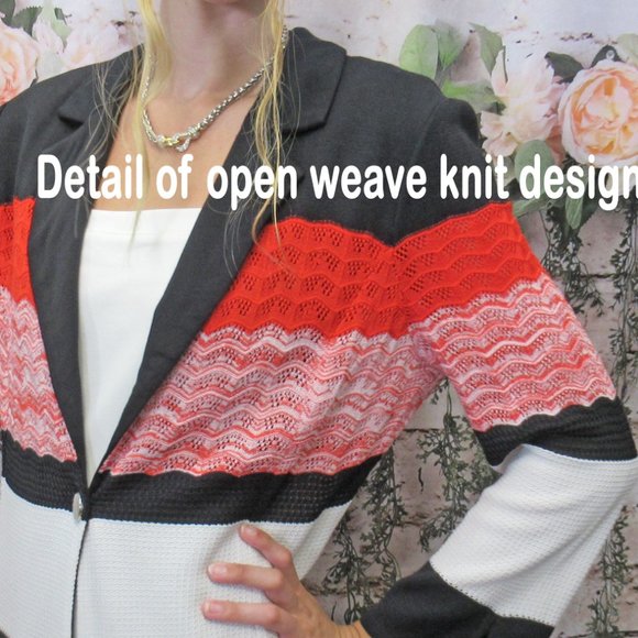 MISOOK knit blazer, Red/black/white striped, V neck with collar, 1 front button - Picture 10 of 10